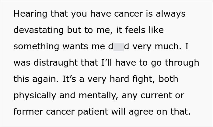 Text excerpt about the emotional and physical challenges faced by a man suffering from cancer and struggles related to his MIL.