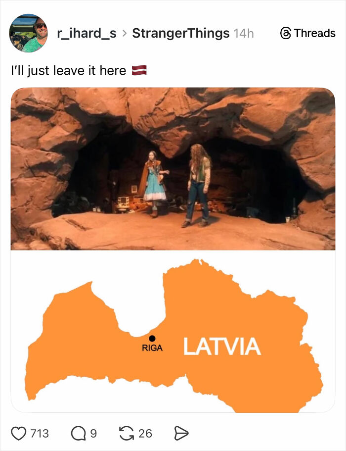 Two characters stand at a rocky cave entrance with a map of Latvia below, referencing the Stranger Things ending.
