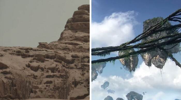 Desert canyon left and floating islands right, Would You Rather choose fantasy or survival