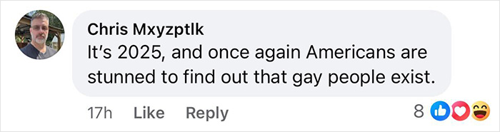 Facebook comment about gay couple: a user says Americans are stunned gay people exist, reactions visible Facebook comment about gay couple: a user says Americans are stunned gay people exist, reactions visible