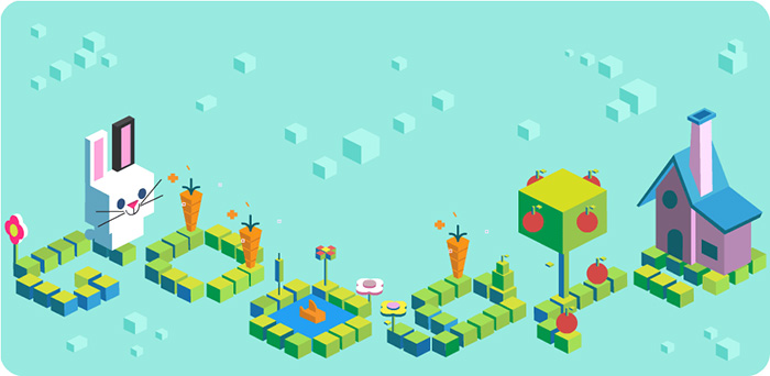 Colorful pixel art of a bunny and garden elements spelling out Google, representing popular Google Doodle games and internet history.