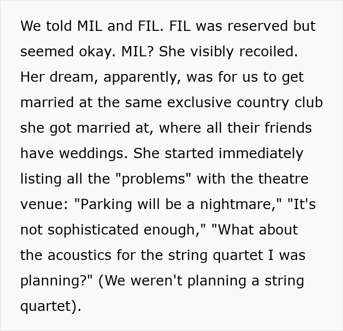 Text excerpt showing a woman snaps at MIL over a manipulative and controlling gift about wedding venue issues.