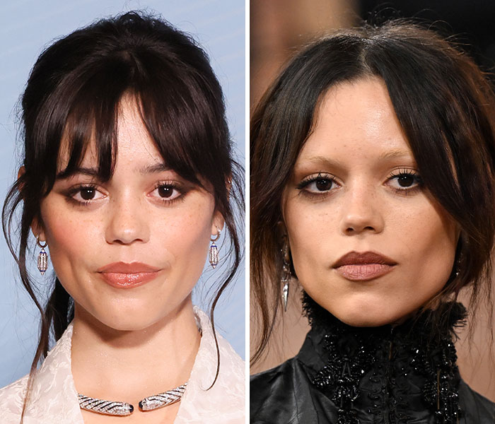 Side-by-side images of a female star showcasing dramatic transformations at the 2026 Golden Globes event.