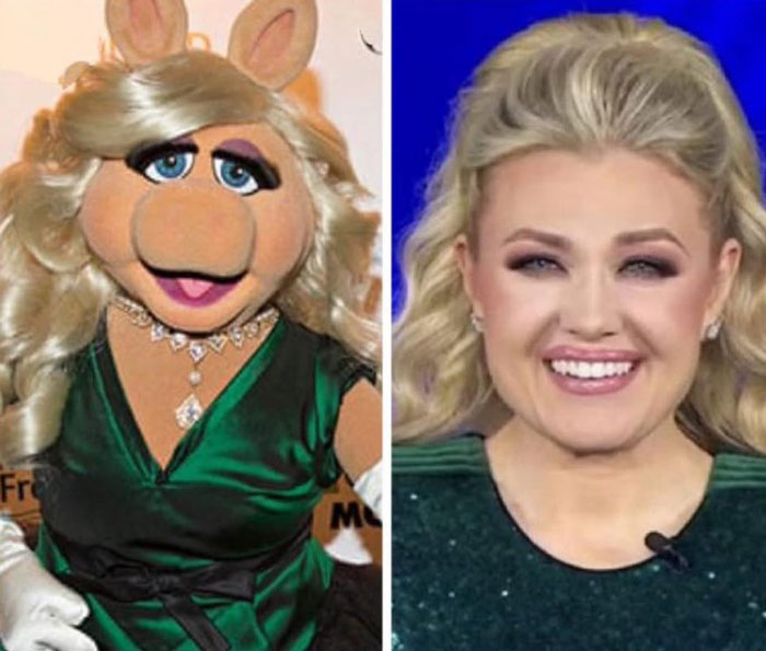 Side-by-side image of a puppet and Erika Kirk, both with blonde hair and green outfits, highlighting Erika Kirk memes.