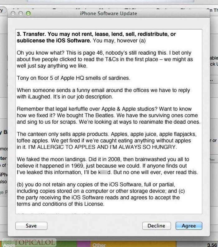 Screenshot of humorous iPhone software update terms with funny disclaimers and playful office jokes for New Year's resolutions.