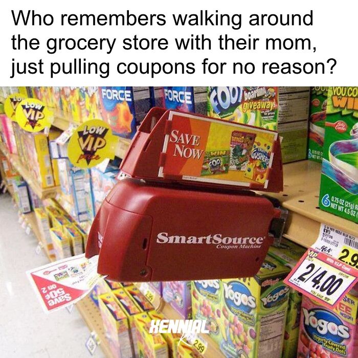 Coupon machine dispensing coupons in a grocery store aisle, sparking nostalgic memories for Xenials.