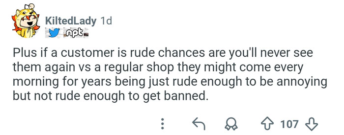 Tweet from user KiltedLady sharing challenges faced by airport baristas dealing with rude customers in a high-stress environment.