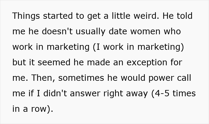 Text excerpt describing boyfriend fears golddiggers and unusual behavior like multiple calls if not answered immediately.