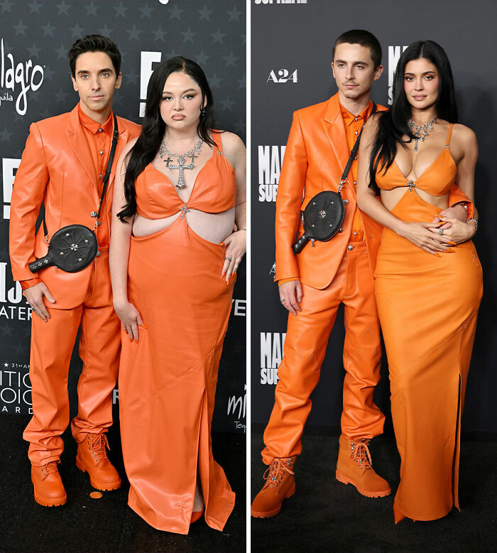 Celebs in matching bright orange outfits making bold fashion statements at the 2026 Critics Choice Awards worst-dressed list.