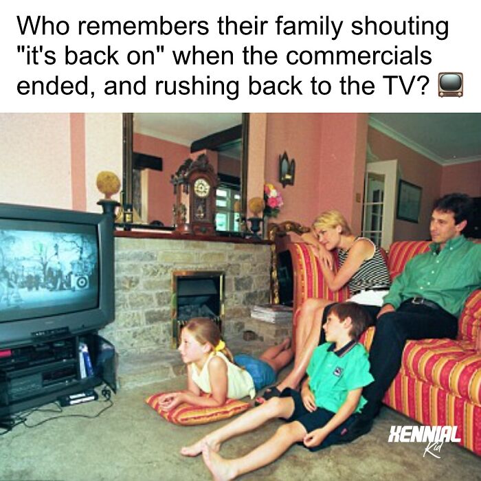 Family watching TV together in a living room, capturing nostalgic moments for Xenials on a nostalgic trip down memory lane.