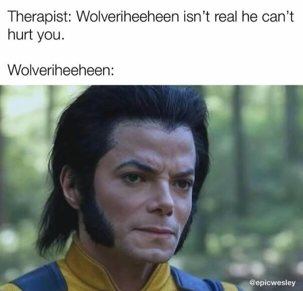 Man dressed as Wolverine looking serious in a relatable meme about fears that hit way too close to home.