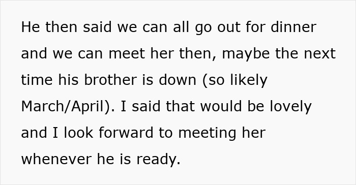 Text excerpt explaining plans to meet son's girlfriend later, reflecting mom's welcoming invite and son's reaction.