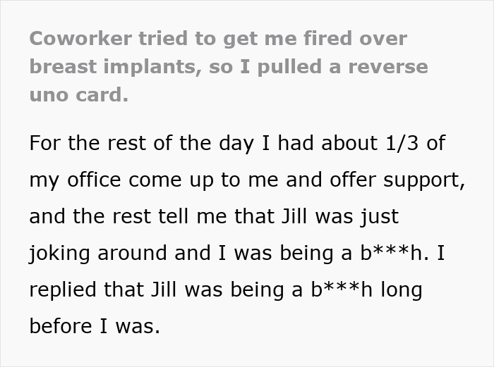 Text about a woman sharing her cancer surgery story after a coworker&rsquo;s comment about plastic surgery and implants.