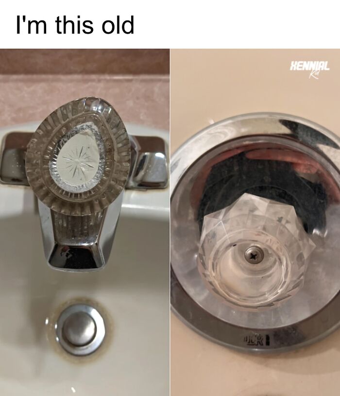 Old-fashioned clear plastic faucet knobs from past decades, evoking nostalgic memories for xenials.