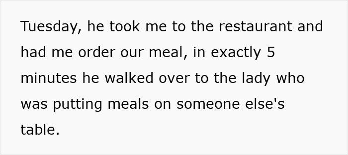 Black text block describing a restaurant scene about ordering and meals, husband use cancer diagnosis excuses