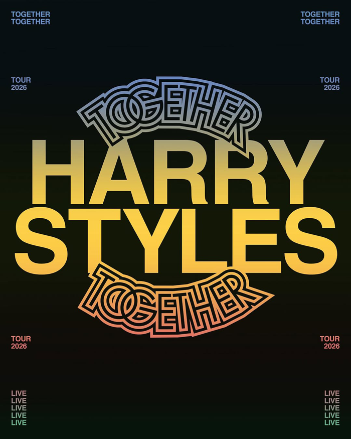 Harry Styles tour 2026 promotional poster with gradient text and repeated together graphic design elements.