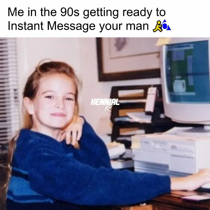 Young girl in the 90s smiling while using a vintage computer, evoking nostalgic feelings for xenials.