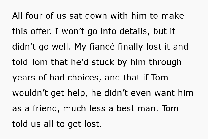 Text discussing a fianc&eacute; confronting a friend about money issues before a wedding, leading to a falling out.