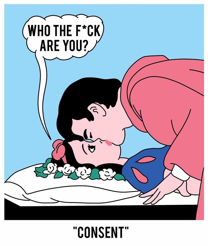 Studio Stoutpoep pop-art: man kissing surprised woman on pillow, speech bubble with expletive, caption consent