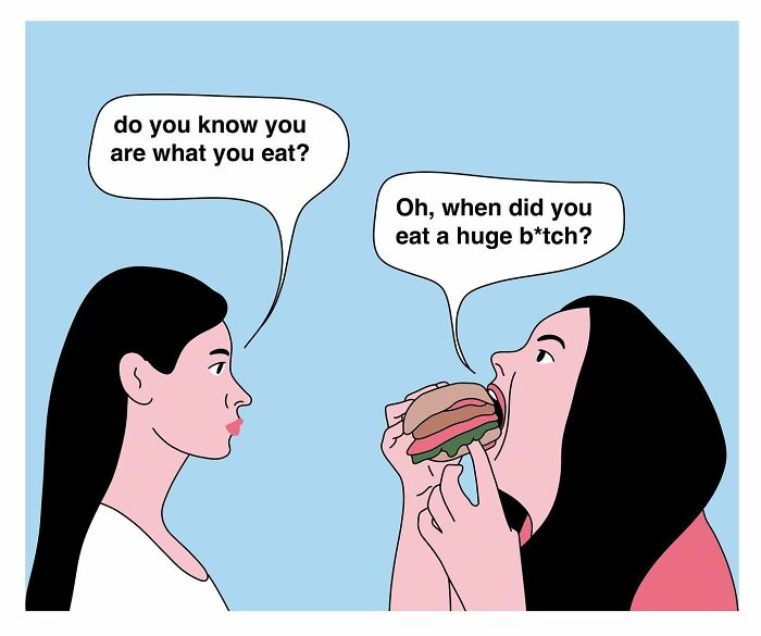 Studio Stoutpoep illustration of two women, one asking are you what you eat, the other eating a burger and replying angrily