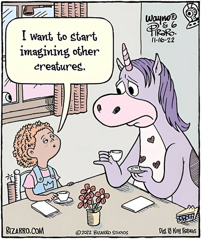 Child talking to a sad unicorn over tea, a cartoon illustrating relatable moments from Dan Piraro's modern life cartoons.