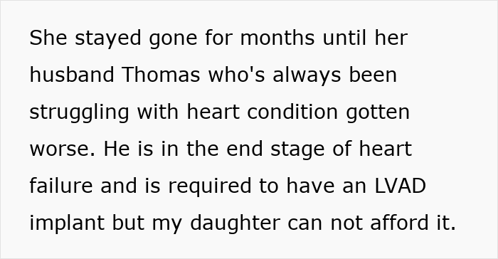 screenshot of text about husband needing LVAD implant while selfish lady ignores adopted family and seeks bio family