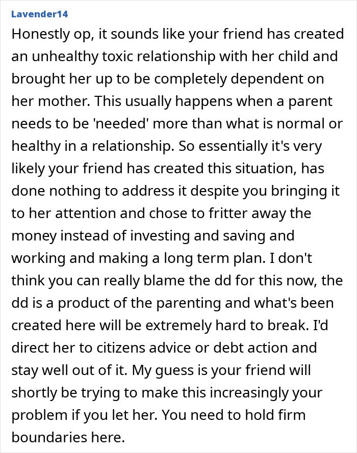 Comment discussing unhealthy toxic relationship where daughter does not step up to help mom, causing dependency issues.