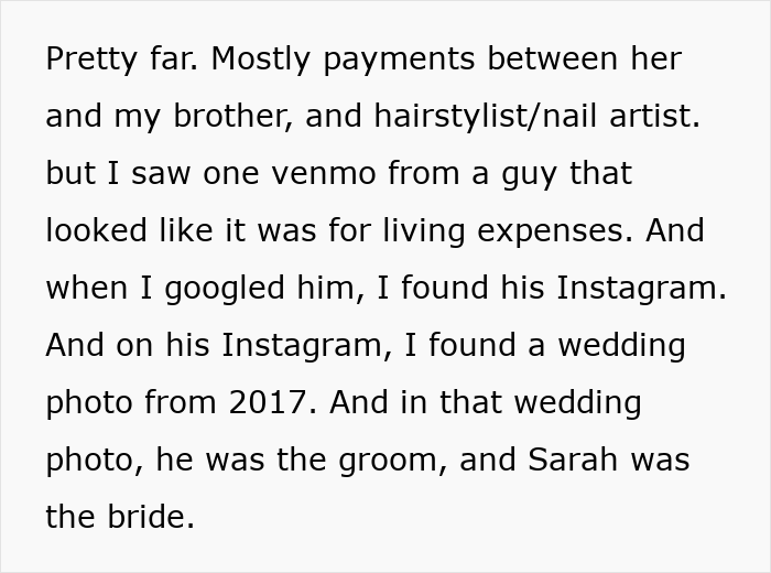 Text describing a Venmo search revealing details of a fianc&eacute;e's fabricated past including a wedding photo from 2017.