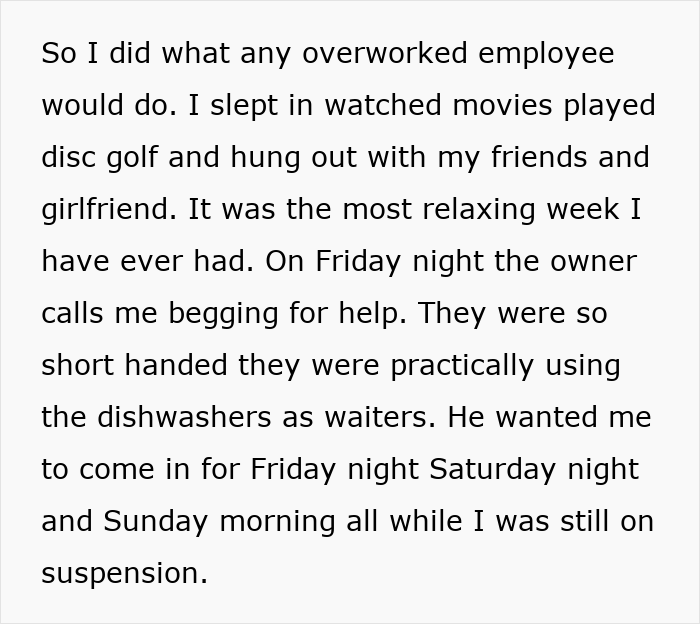 Alt text: Text excerpt describing a boss suspending a waiter and then begging him to return during a staff shortage.