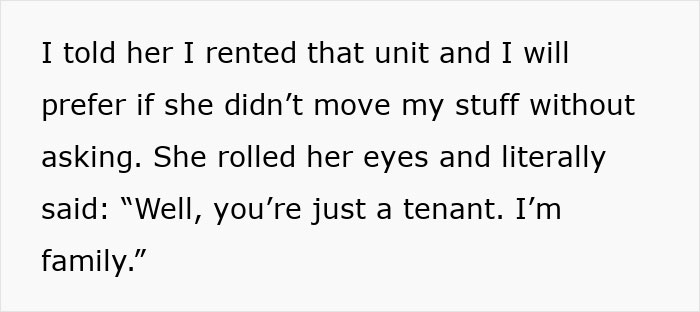 Text excerpt showing tenant confronting entitled sister who uses family ties to harass brother&rsquo;s tenant in rental dispute.