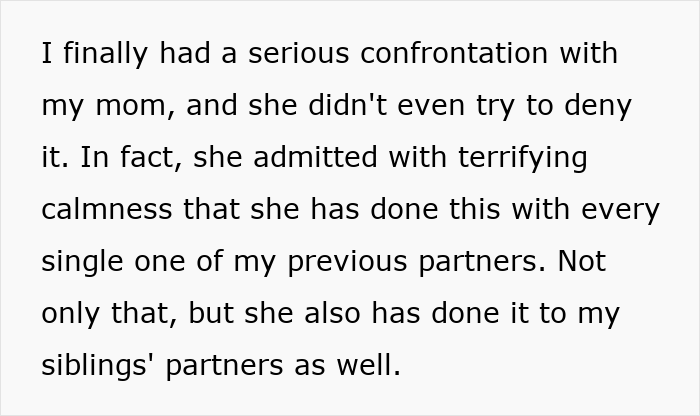 Text excerpt revealing a mother secretly going through her son’s girlfriend’s wallet and taking photos of her ID.