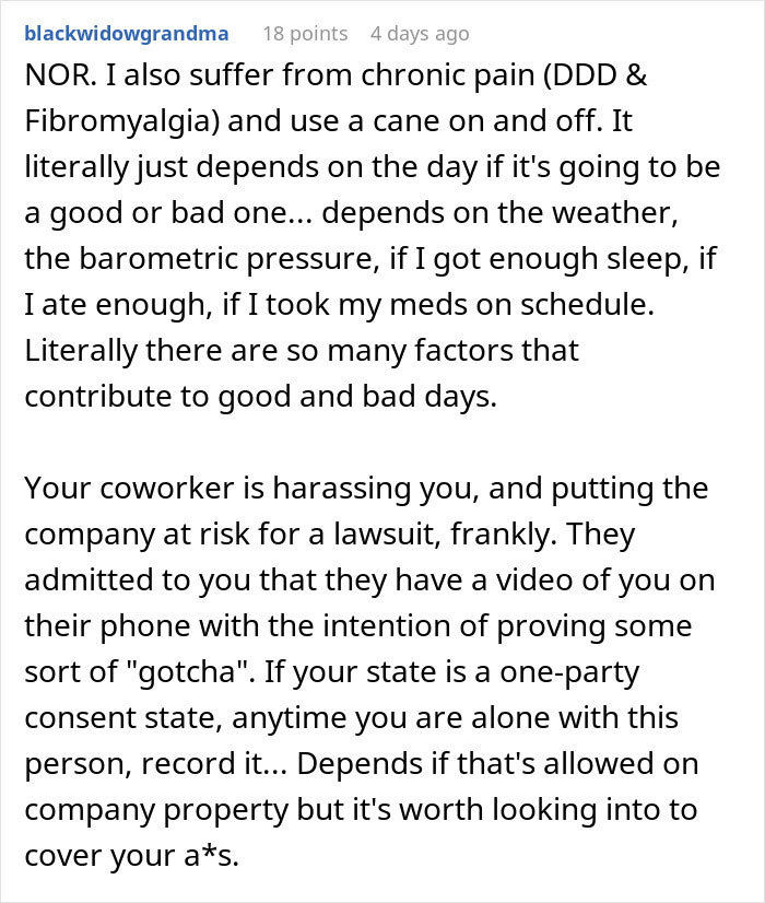 Comment discussing chronic pain, coworker harassment, and filming to prove disability claims after work.