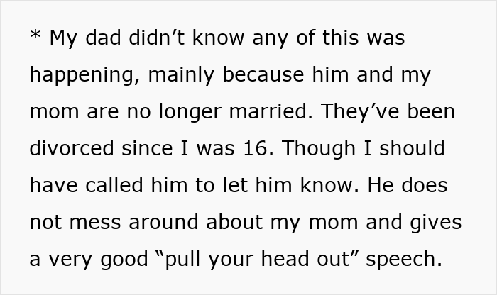 Text excerpt discussing family dynamics after divorce and a protective father giving advice about the mom.