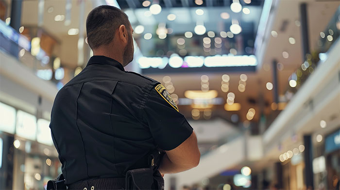 Police officer standing in a mall, symbolizing authority in a teen tells guy he's not her dad story. Police officer standing in a mall, symbolizing authority in a teen tells guy he's not her dad story.