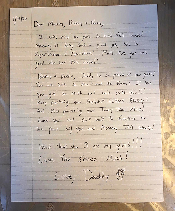 Handwritten husband's note to wife and daughters, showing a father's affectionate message that sparked online debate.