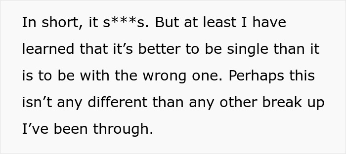 Text excerpt discussing the feeling of heartbreak after a lying boyfriend went on a trip with a female friend.