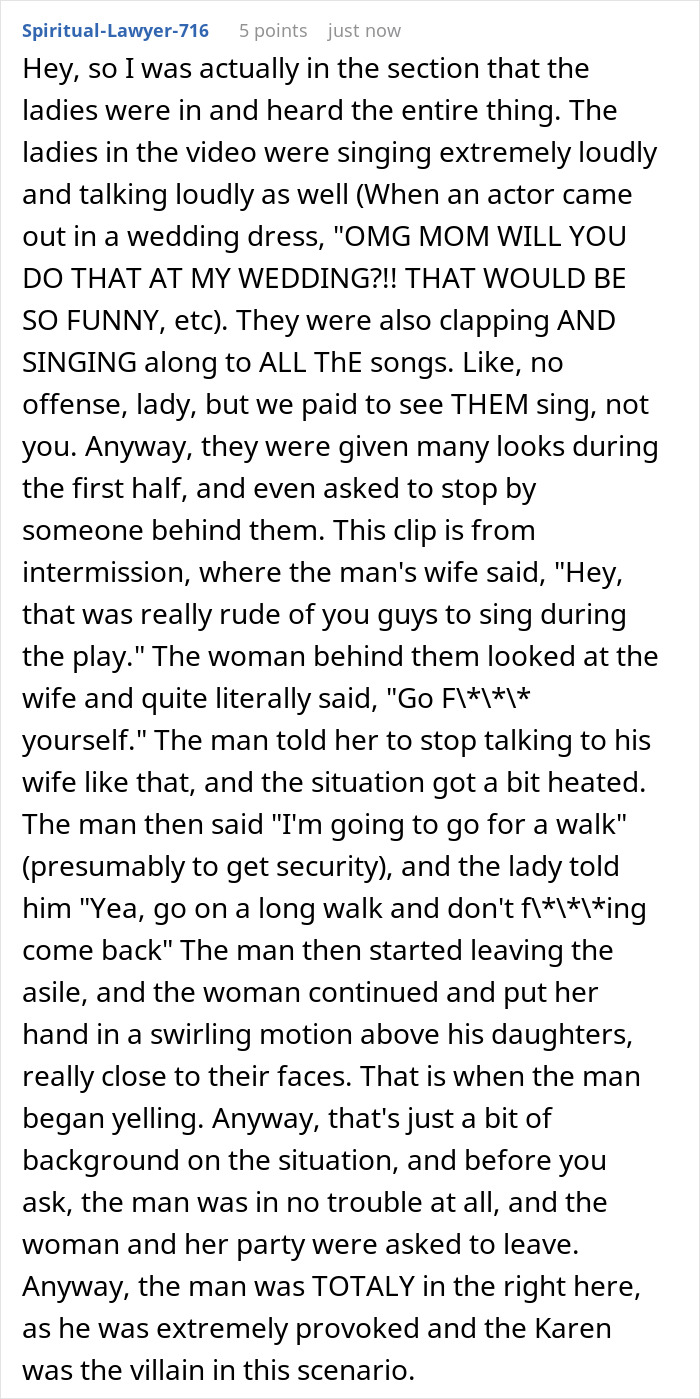 Reddit screenshot of long comment recounting a Male Karen meltdown at a Mamma Mia Broadway show, black text on white