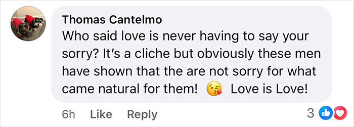 Social media comment praising a gay couple, saying Love is Love, with 3 reactions and like/reply indicators Social media comment praising a gay couple, saying Love is Love, with 3 reactions and like/reply indicators