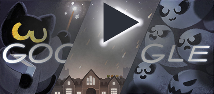 Illustration of popular Google Doodle games featuring animated characters and a play button for internet history fun.