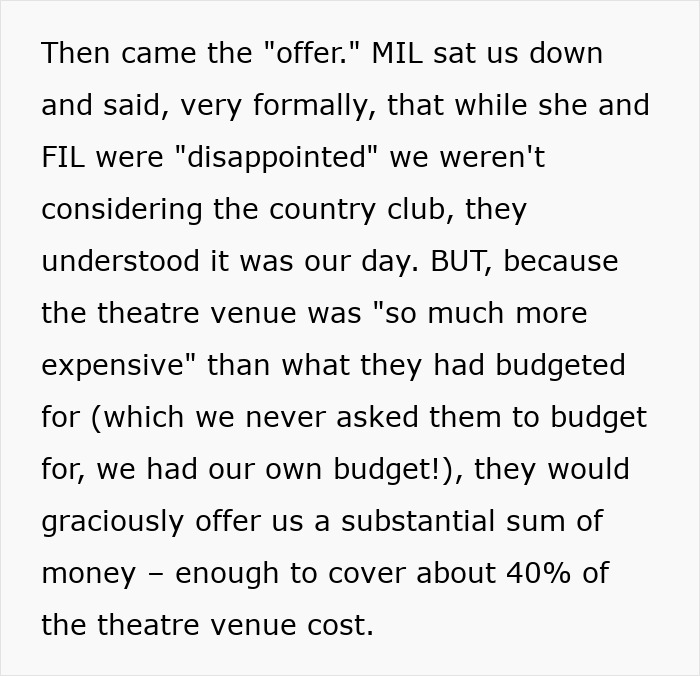 Text showing MIL&rsquo;s &ldquo;generous&rdquo; gift as a manipulative way to control the woman&rsquo;s life and wedding budget details.