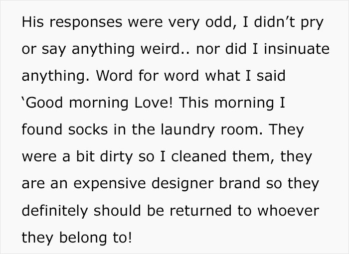 Text excerpt about man trying to convince girlfriend he didn&rsquo;t cheat while fancy designer socks appear in their home.