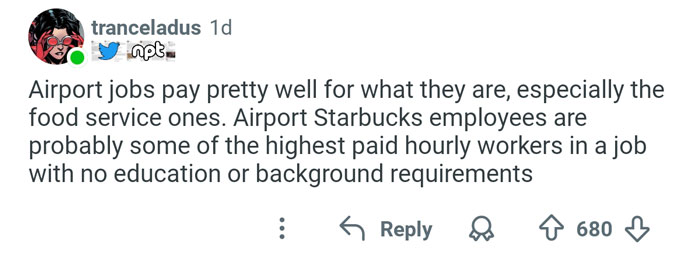 Social media post discussing airport baristas, highlighting pay and lack of education requirements in the food service industry.