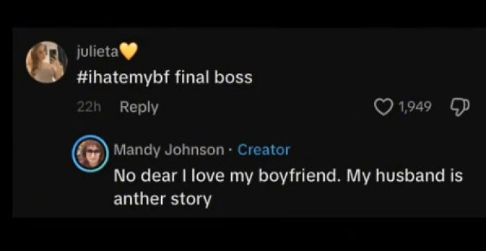 Screenshot of weird and funny TikTok comments with a playful exchange about boyfriend and husband relationships.