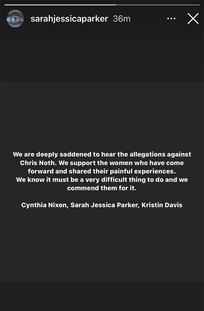 Instagram statement by Sarah Jessica Parker addressing allegations against Chris Noth and supporting the women involved.