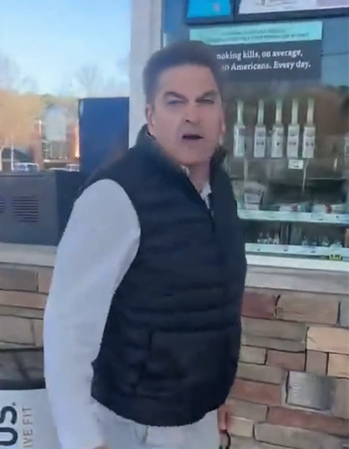 Man known as male version of Karen captured mid-yell outside a store during a public meltdown incident.