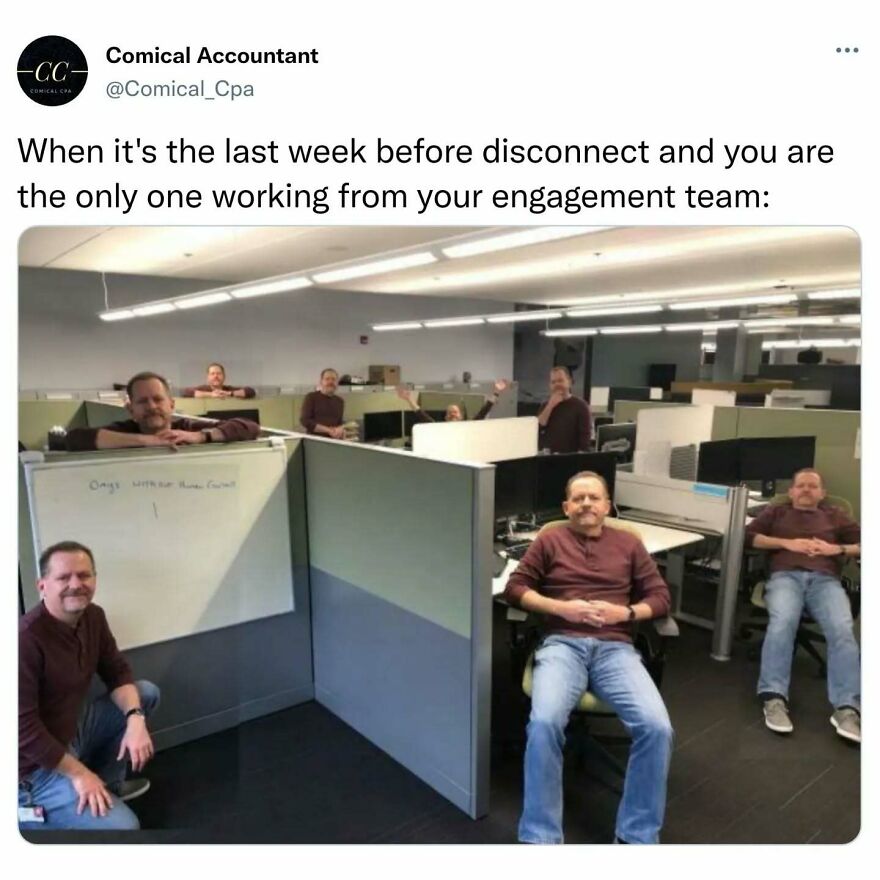 Man duplicated multiple times in an empty office cubicle, illustrating work-life balance disasters in demanding jobs.