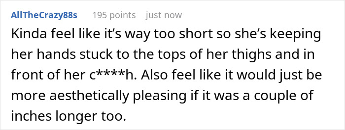 Comment discussing the fit and length of a bathing suit with sleeves, mentioning hand placement and aesthetic appeal.