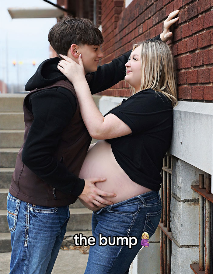 Pregnant 15-year-old girl with boyfriend showing baby bump, highlighting family impact of teenage pregnancy situation.