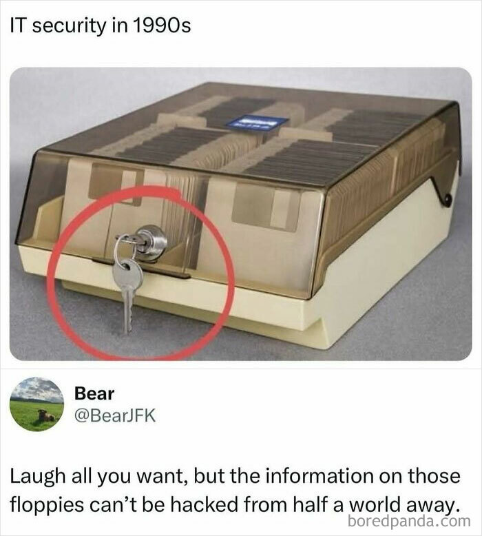 Vintage IT security humor showing a locked floppy disk storage box, featured in internet posts for more enjoyable scrolling.