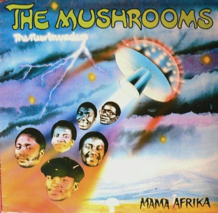 Surreal album cover showing floating heads beamed up by a UFO with vivid sky background, an example of bad album covers sold.